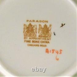 50s PARAGON Gold Scroll on Green Center Pink CABBAGE ROSE #A1545 Set Cup Saucer