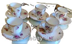 5 Antique German Handpained Flowers Porcelain Dematasse Cups & Saucers