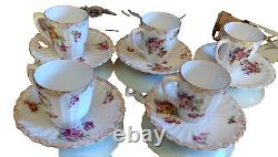 5 Antique German Handpained Flowers Porcelain Dematasse Cups & Saucers