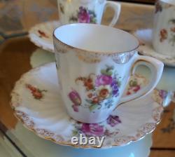 5 Antique German Handpained Flowers Porcelain Dematasse Cups & Saucers