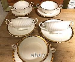 5 Antique Minton Large Swirl Gold Banded Cream Soup Cups & Saucers Double Handle