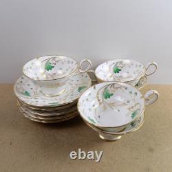 5 Grosvenor Emerald Cups & Saucers Bone China England VGC Green Gold Leaves
