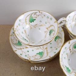 5 Grosvenor Emerald Cups & Saucers Bone China England VGC Green Gold Leaves