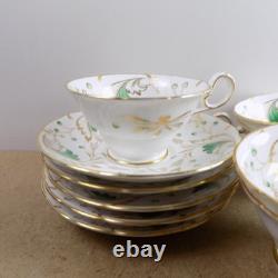 5 Grosvenor Emerald Cups & Saucers Bone China England VGC Green Gold Leaves