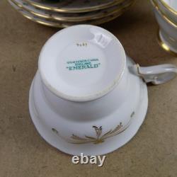 5 Grosvenor Emerald Cups & Saucers Bone China England VGC Green Gold Leaves