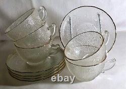 5 Jeannette Crystal With Gold Trim Harp Cups And Saucers