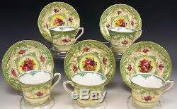 5 Royal Worcester Hand Painted Flower Gold Encrusted Demitasse Cups & Saucers