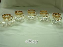 5 Sets Antique Venetian Moser Glassgold Encrusted H/ Painted Footed Cups Saucers