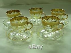 5 Sets Antique Venetian Moser Glassgold Encrusted H/ Painted Footed Cups Saucers