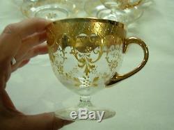 5 Sets Antique Venetian Moser Glassgold Encrusted H/ Painted Footed Cups Saucers