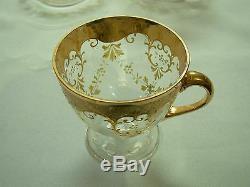 5 Sets Antique Venetian Moser Glassgold Encrusted H/ Painted Footed Cups Saucers