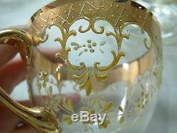 5 Sets Antique Venetian Moser Glassgold Encrusted H/ Painted Footed Cups Saucers