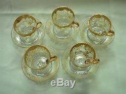 5 Sets Antique Venetian Moser Glassgold Encrusted H/ Painted Footed Cups Saucers