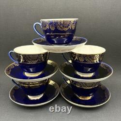 5 Vtg Lomonosov LFZ Russian USSR Cobalt Blue Gold Gilt Tea Cups & Saucers