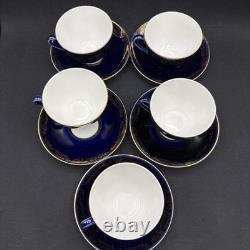 5 Vtg Lomonosov LFZ Russian USSR Cobalt Blue Gold Gilt Tea Cups & Saucers