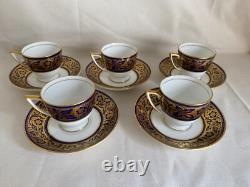5 x Minton T Goode & Co Cobalt Blue & Gold Coffee Cups & Saucers