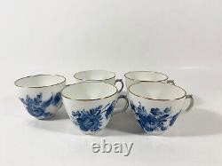 5x Royal Copenhagen Blue Flower 1870 Gold Rim Coffee Cups & Saucers Set
