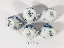 5x Royal Copenhagen Blue Flower 1870 Gold Rim Coffee Cups & Saucers Set