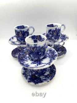 6 Alfred Meakin Flow Blue & Gold Harvest Cups & Saucers Demitasse 3 oz