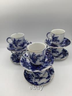 6 Alfred Meakin Flow Blue & Gold Harvest Cups & Saucers Demitasse 3 oz