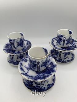 6 Alfred Meakin Flow Blue & Gold Harvest Cups & Saucers Demitasse 3 oz