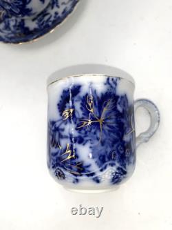 6 Alfred Meakin Flow Blue & Gold Harvest Cups & Saucers Demitasse 3 oz