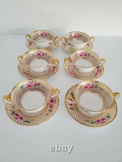 6 Antique COPELAND SPODE Bouillon Cups & Saucers PINK ROSES Gold Trim