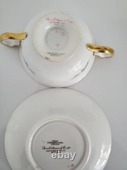 6 Antique COPELAND SPODE Bouillon Cups & Saucers PINK ROSES Gold Trim