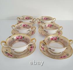 6 Antique COPELAND SPODE Bouillon Cups & Saucers PINK ROSES Gold Trim
