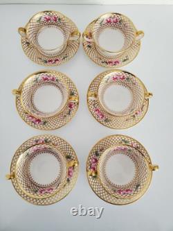6 Antique COPELAND SPODE Bouillon Cups & Saucers PINK ROSES Gold Trim