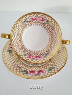6 Antique COPELAND SPODE Bouillon Cups & Saucers PINK ROSES Gold Trim