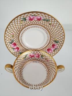 6 Antique COPELAND SPODE Bouillon Cups & Saucers PINK ROSES Gold Trim