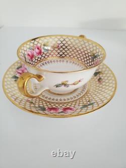 6 Antique COPELAND SPODE Bouillon Cups & Saucers PINK ROSES Gold Trim