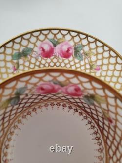 6 Antique COPELAND SPODE Bouillon Cups & Saucers PINK ROSES Gold Trim