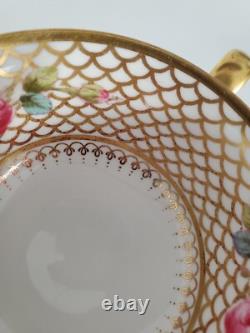 6 Antique COPELAND SPODE Bouillon Cups & Saucers PINK ROSES Gold Trim