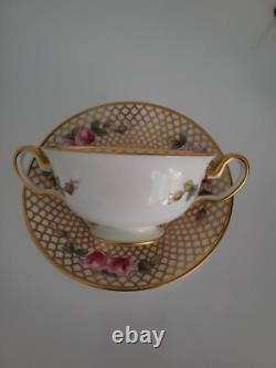 6 Antique COPELAND SPODE Bouillon Cups & Saucers PINK ROSES Gold Trim