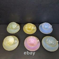 6 Arcopal French Harlequin Gold Rim Pastel Milk Opalescent Tea Cups & Saucers