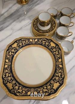 6 Black Knight Hohenberg Bavaria Gold White Cobalt Plates & 6 Cups & Saucers