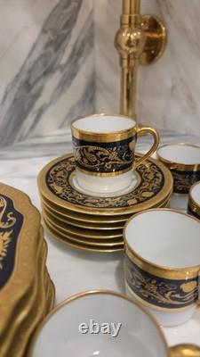 6 Black Knight Hohenberg Bavaria Gold White Cobalt Plates & 6 Cups & Saucers