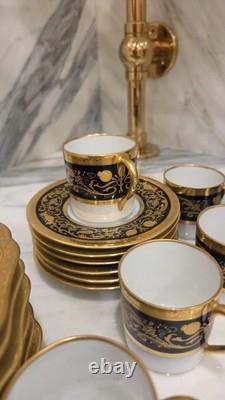 6 Black Knight Hohenberg Bavaria Gold White Cobalt Plates & 6 Cups & Saucers