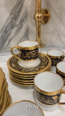 6 Black Knight Hohenberg Bavaria Gold White Cobalt Plates & 6 Cups & Saucers