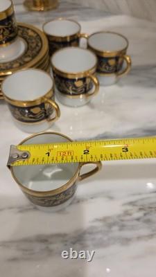 6 Black Knight Hohenberg Bavaria Gold White Cobalt Plates & 6 Cups & Saucers