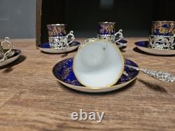 6 Crown Staffordshire Egg Shell espresso cups, saucers, sterling holders, spoons