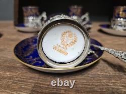 6 Crown Staffordshire Egg Shell espresso cups, saucers, sterling holders, spoons