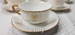 6 French Limoges Fine Porcelain Cups & Saucers Gold Detail on White Background