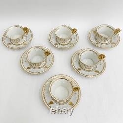 6 Limoges France Gilt Porcelain Cup & Saucers Napoleonic with Bees circa 1920