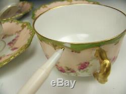 6 Limoges Hand Painted Roses Swags Green Raised Gold Tea Cups & Saucers Lot B