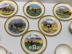 6 Minton Cups & Saucers English Hunting Scenes Gold Trim Signed JE DEAN Antique