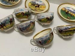 6 Minton Cups & Saucers English Hunting Scenes Gold Trim Signed JE DEAN Antique