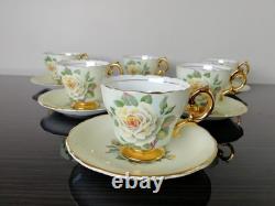 6 Regency cabbage rose heavily gold gilded 1930s tea cups & saucers
